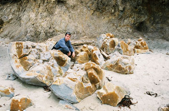 me with cracked-open Moeraki boulders, New Zealand
