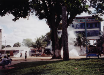 police fired tear gas canisters at a building crowd in the plaza