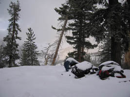 our packs under a ligt layer of fresh snow