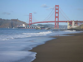 Golden Gate Bridge from Baker Beach with Cargo Ship